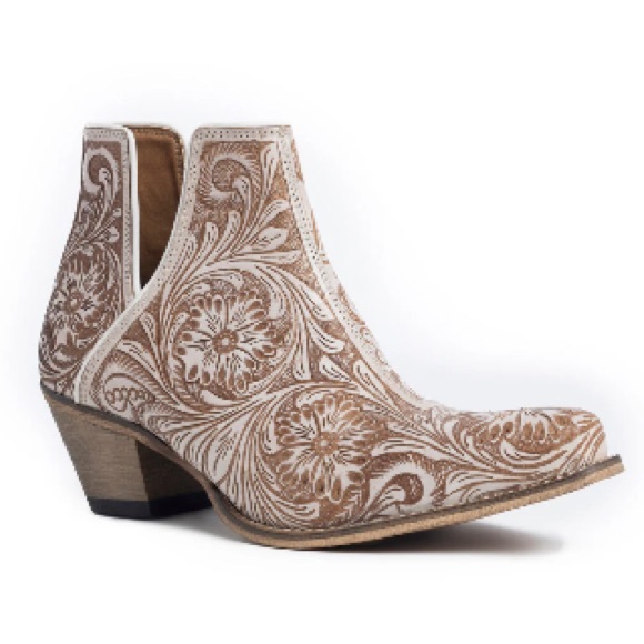 🌸Hand-Tooled Genuine Leather Bootie Boho Western Cowgirl Ankle Boot Cream Fall! - Picture 3 of 12